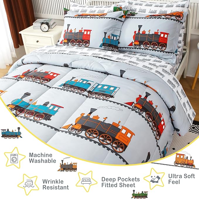 Viviland Kids Full Bedding Sets for Boys, Soft Full Comforter Set with Sheets, 7 Pieces Microfiber Bed in a Bag, Light Grey Train