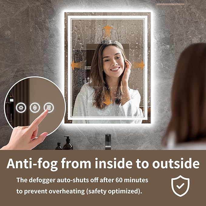 Bathroom Mirror with Lights 28"X36" with Front Light and Backlit, Tempered Glass, Wall Mount Horizontal/Vertical, Stepless Dimmable, 3 Colors, Anti Fog, Bathroom Memory LED Mirror