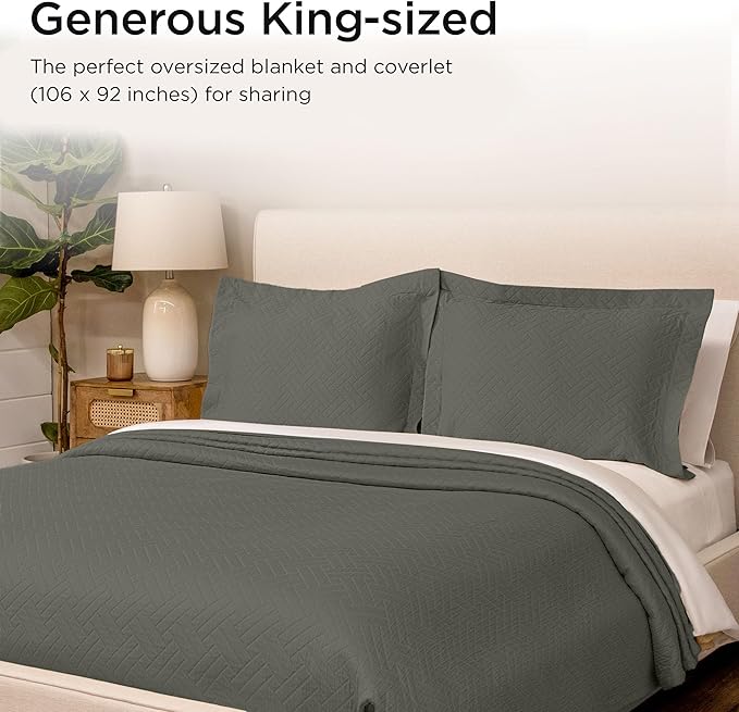 Threadmill Luxury Cotton Blankets for King Size Bed | All-Season Cozy 100% Cotton King Blanket | Criss Cross Jacquard Soft & Lightweight Coverlet fits California King Size Bed, 104x92 | Dark Grey