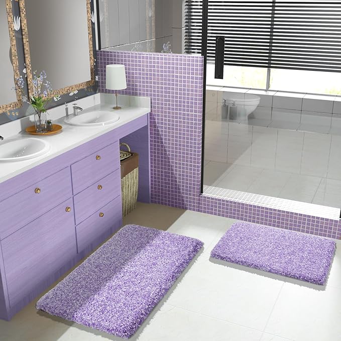 Yimobra Bathroom Rugs Non Slip Washable 36x24, Ultra Soft and Water Absorbent Bath Mats, Plush Fluffy Shower Mat Outside, Luxury Microfiber Thick Matts for Bathroom Floor/Tub, Purple and White