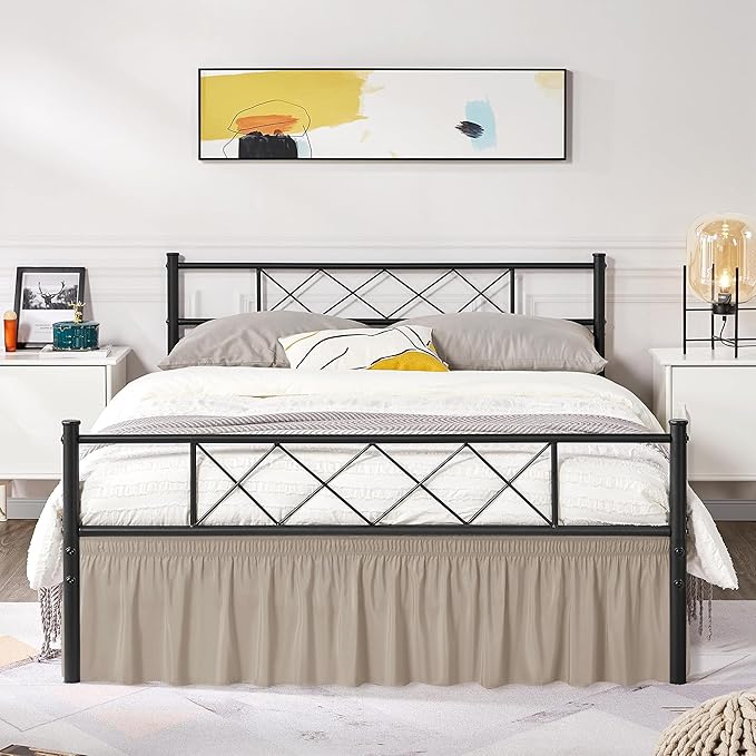 Biscaynebay Wrap Around Bed Skirts with Split Corners for Queen Beds 18" Drop, Light Camel Adjustable Elastic Dust Ruffles Easy Fit Wrinkle Resistant Silky Luxurious Fabric Machine Washable
