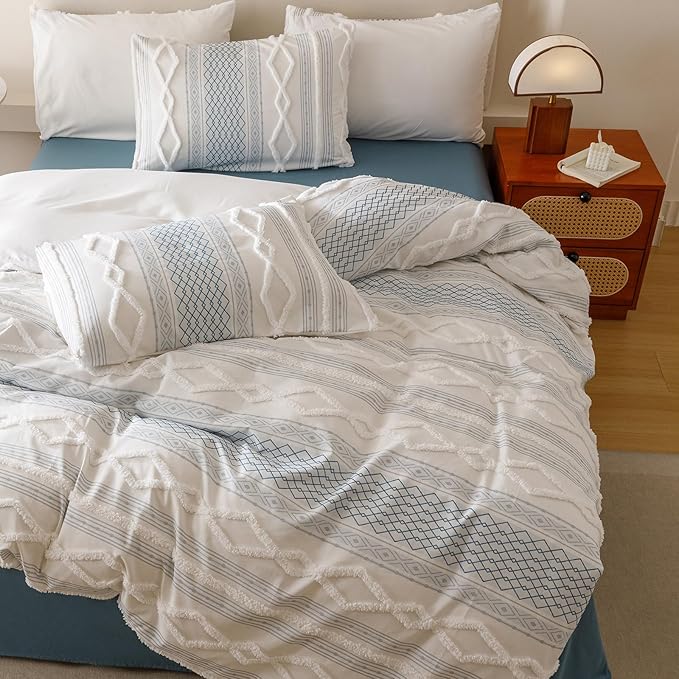 KAREVER Ivory Blue Boho Comforter Set Full Mixed Textures Jacquard Bedding Set Durable Chic and Stylish Bedroom Set