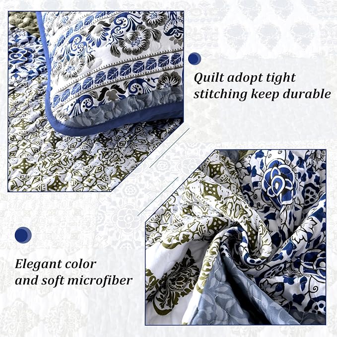 Mybedsoul Blue Quilt Set Queen Size 3 Pieces Boho Plaid Aqua Blue Floral Bedspread Set Microfiber Lightweight Bohemian Bedding Set for All Season (1 Quilt + 2 Pillow Shams) 90"x96"