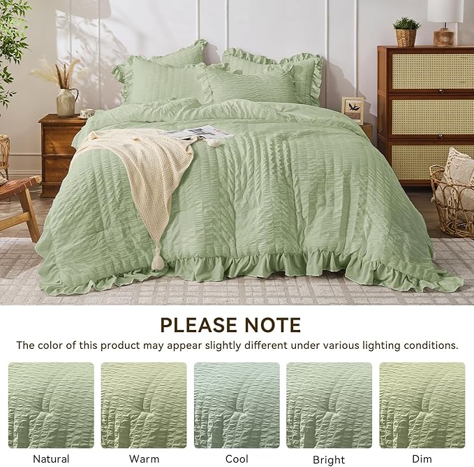 JOLLYVOGUE Sage Green Queen Comforter Set, 3 Pieces Seersucker Comforters Queen Size, Lightweight & Fluffy Bedding Sets Queen for All Season with 1 Ruffle Comforter and 2 Ruffle Pillowshams