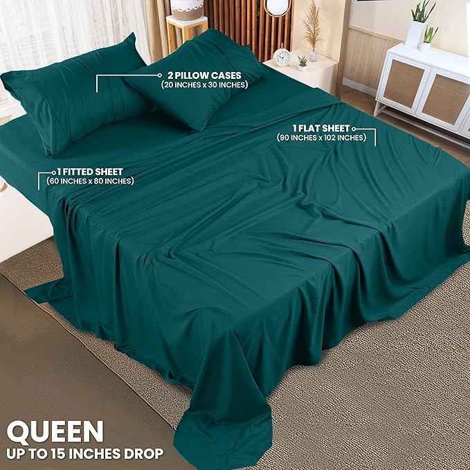 Utopia Bedding Queen Bed Sheets Set - 4 Piece Bedding - Brushed Microfiber - Shrinkage and Fade Resistant - Easy Care (Queen, Teal)