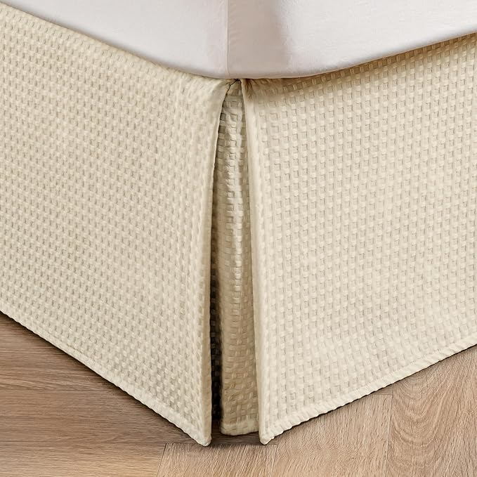 MIYE Pleated Waffle Weave Bed Skirt, Tailored Dust Ruffle 18 Inch Drop Easy Fit, Machine Washable,No Split Corners (Light Beige, Full - 18" Drop)