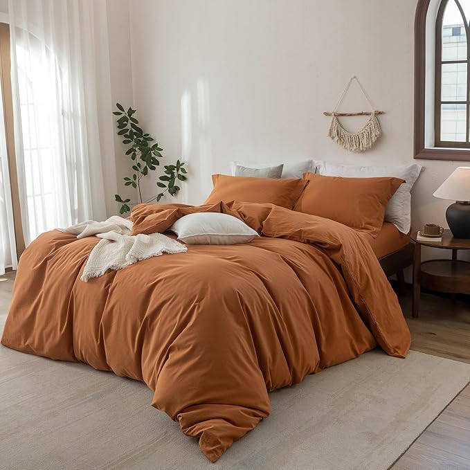 Linen Feel Duvet Cover King Size 104inch x 90inch,100% Washed Cotton Duvet Cover with Zipper Closure and 2 Pillowcases, Color of Burnt Orange
