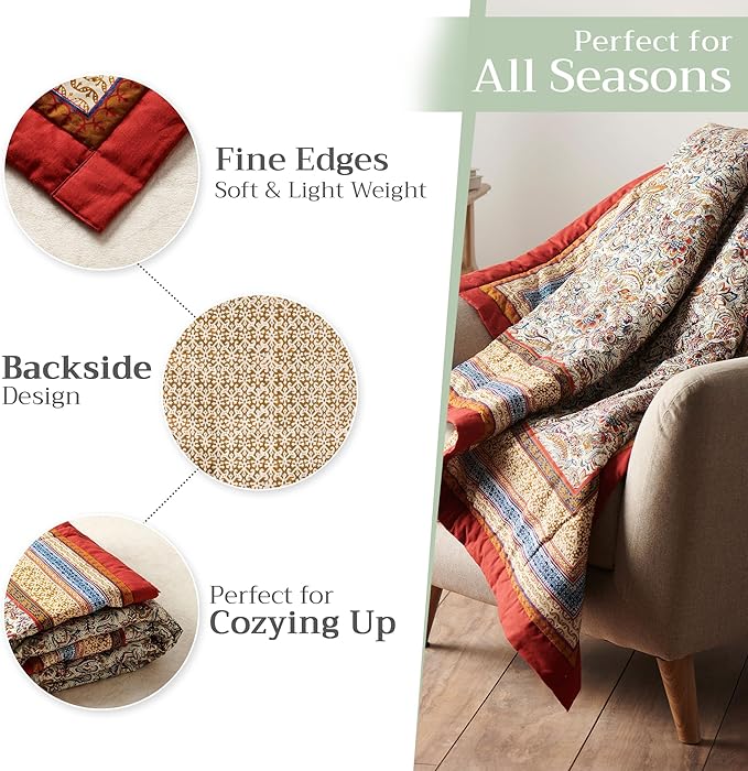 Maison d' Hermine Throw Blanket for Couch Lightweight Soft Warm Breathable Cotton Throw Blankets for Bed Girls Boys Women Men Gifts Sofa Travel Living Room Chair Bedding (60"x80", Jaipur)