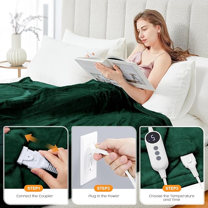 HYLEORY Heated Electric Blanket Throw, 2-Layer Cozy Warm Flannel 50" x 60", Heating Blanket with 9 Heating Levels, 2/4/6/10 Hours Auto Off, Fast Heating Winter Blanket, Green