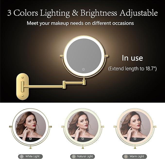 Rechargeable Wall Mounted Lighted Makeup Vanity Mirror 8 Inch Double Sided 1X 10X Magnifying Bathroom Mirror, 3 Color Lighting, Touch Screen Dimming, 360 Rotation Shaving Mirror