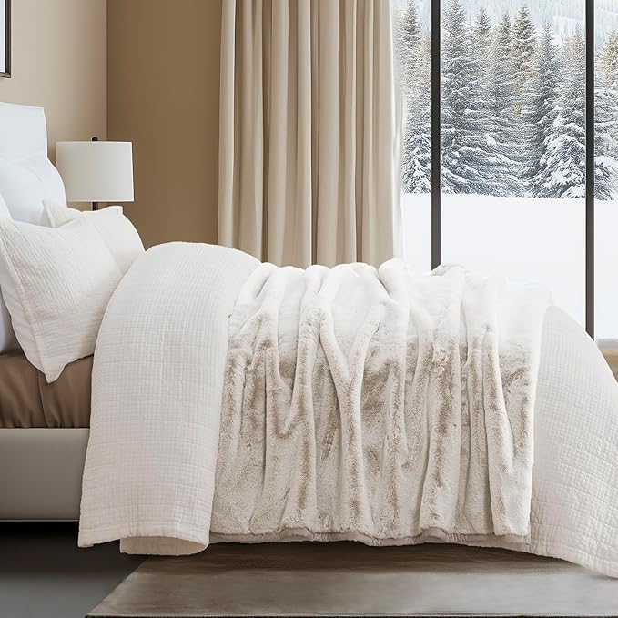 EVERGRACEHOME Ultra Soft Luxury Fluffy Mink Faux Fur Throw Blanket, Thick Warm Fall Winter Blankets for Bed, Couch, Cozy Plush Reversible Blanket for Chair, Sofa (Tipped Champagne Ivory, 50"x60")