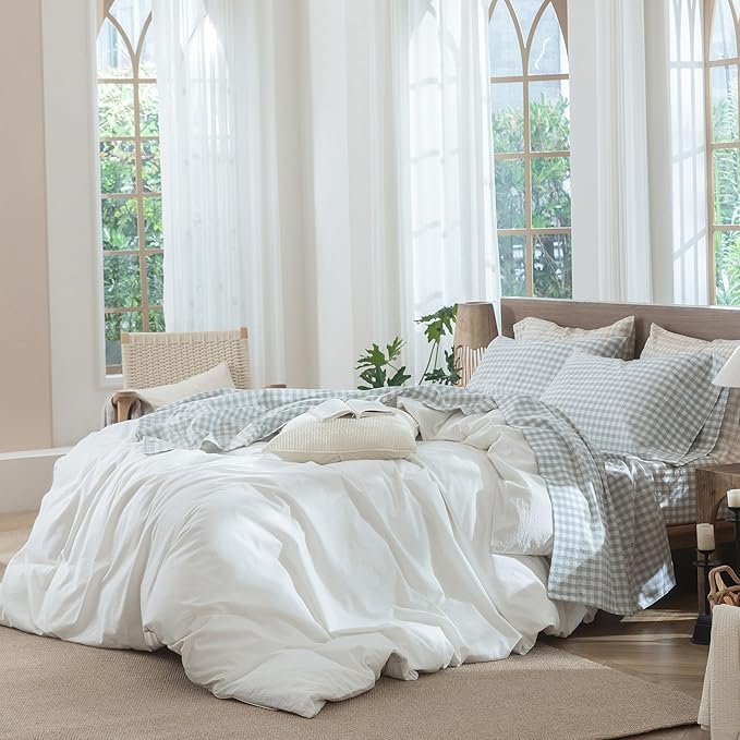 MooMee Gingham Sheet Set 100% Washed Cotton Linen Like Textured Breathable Soft w/Fully Elasticized 16-19" Deep Pocket (Classic Gingham Northern Droplet Grey, Queen)