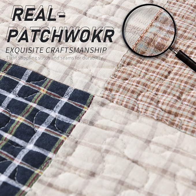 KALOOLA Patchwork King Quilt, 100% Cotton Lightweight King Size Bedspreads 3 Pieces, Tan Brown Beige King Quilt Bedding Set, Farmhouse Rustic Coverlet for All Season