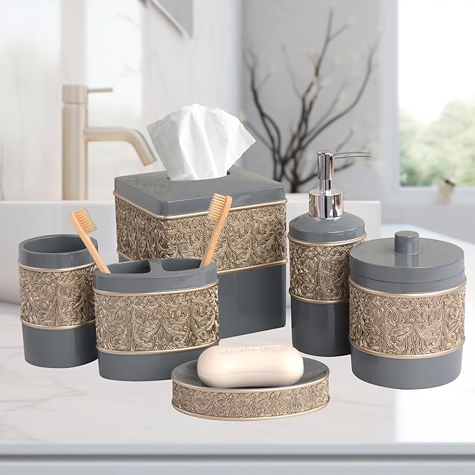 Decozen Bathroom Accessories Set 6Pcs – Soap Dispenser, Toothbrush Holder, Tumbler, Soap Dish & Cotton Swab Jar – Modern Bathroom Decor, Bath Set for Christmas Decor