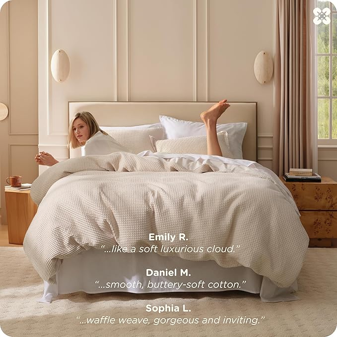 Bedsure Cotton Duvet Cover Full - 100% Cotton Waffle Weave Beige Duvet Cover Set, GentleSoft™ and Breathable Bedding Set for All Season, 3 Pieces, 80"x90"
