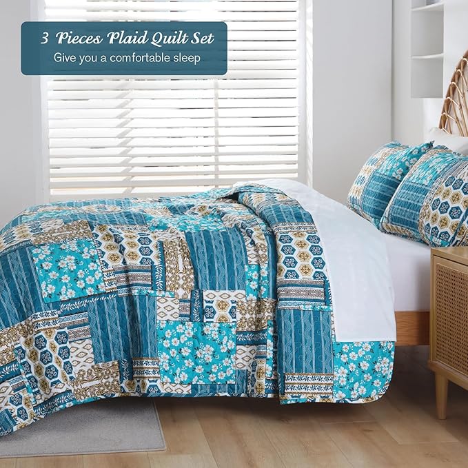 Mybedsoul Dusty Blue Quilt Set Queen Size, 3 Pieces Plaid Floral Bedspread Set Patchwork Reversible Bedding Set Microfiber Lightweight Bedspread Coverlet Set for All Season 96"x90"