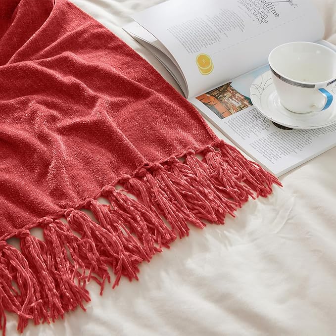 CozeCube Chenille Throw Blanket for Couch, Cozy Plush Fuzzy Decorative Christmas Red Blanket with Fringe Tassels, Lightweight Throws for Bed Sofa Gift Home Decor, 50"X60"