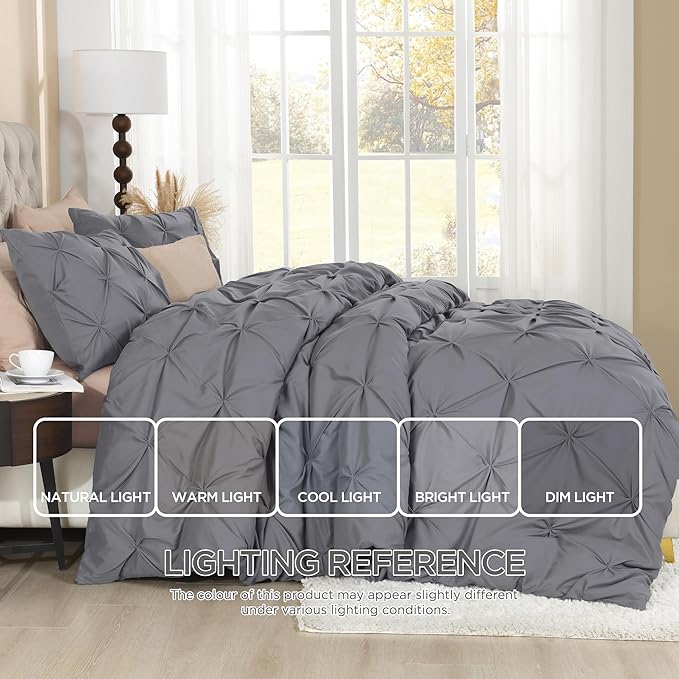 Litanika Dark Grey Pinch Pleat Duvet Cover Queen, 3 Pieces Pintuck Soft Microfiber Bedding Set with Zipper Closure & Corner Ties(90x90Inch-1 Duvet Cover, 2 Pillowcases)