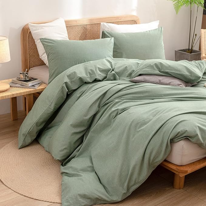 BESTOUCH Duvet Cover Set 100% Washed Cotton Linen Feel Super Soft Comfortable Chic Lightweight 3 PCs Home Bedding Set Solid Green King