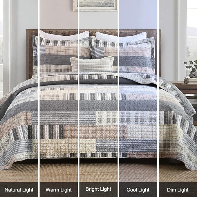 Uniclinens Quilt Set Queen Size, 100% Cotton Quilted Quilts Bedding Set Bedspreads, Farmhouse Patchwork Plaid Quilted Comforter Set, 3 Pieces Set with 2 Pillowshams, Cream/Grey/Brown
