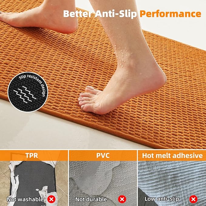 Bathroom Rugs Non Slip Washable, Super Absorbent Thin Bath Mat Quick Dry Low Pile Bathroom Rug, Orange 20"x48"
