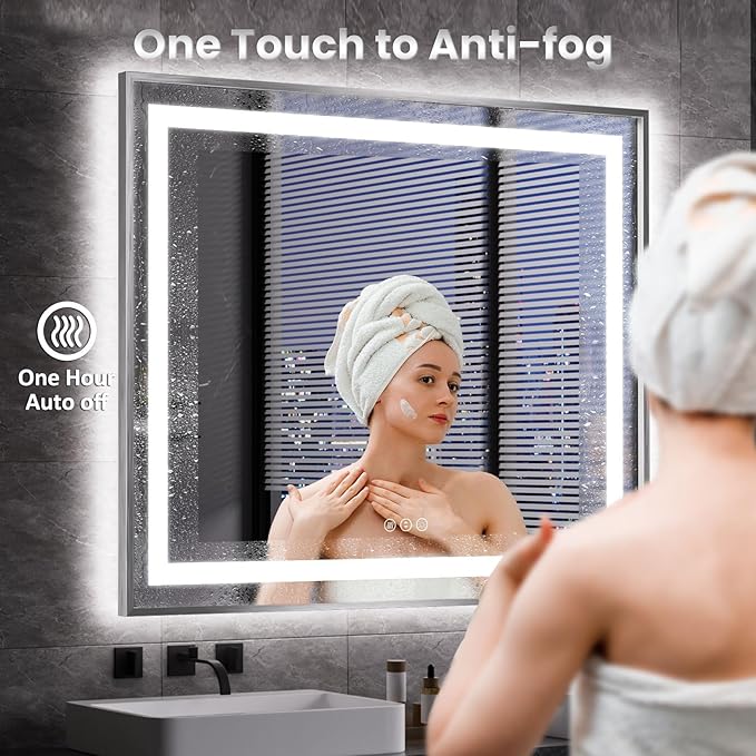 Amorho 48"X40" LED Bathroom Mirror, Brushed Nickel Framed Mirror with Front Light and Backlit, Stepless Dimmable, Anti-Fog, Shatter-Proof, Memory, 3 Colors