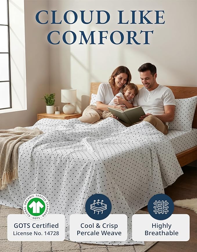 LANE LINEN 100% Organic Cotton Twin XL Sheets Set 3-Piece Pure Percale Bedsheets Bedding Breathable Fits Mattress Upto 15" Deep - Black Polka Dot