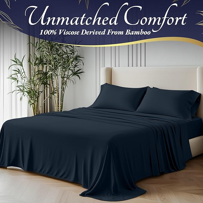 DECOLURE 100% Viscose Derived from Bamboo Sheets King Size 4pcs - Ultra Soft & Luxuriously Cooling, 17" Deep Pocket, Double Stitching, Perfect for Hot Sleepers - King Bed Sheets (Navy Blue)