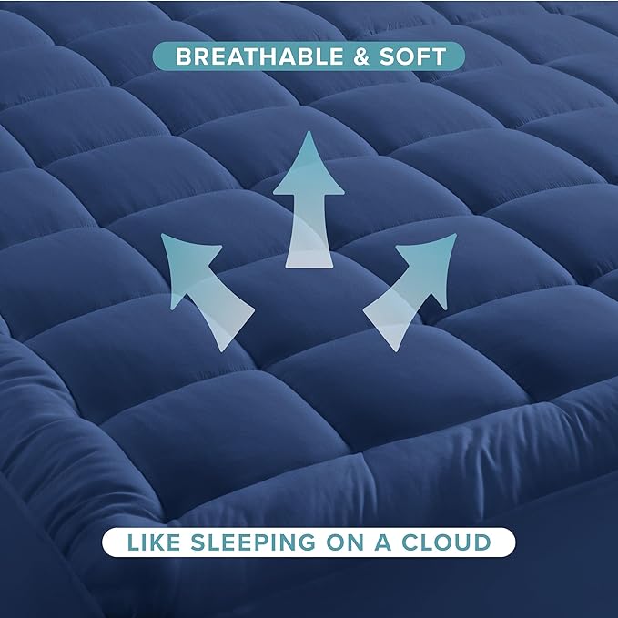 Bare Home King Mattress Topper Cotton Top - Plush Topper for Mattress - Fitted Mattress Cover - Cooling Breathable Air Flow - 8" to 21" Deep Pocket - Soft Mattress Pad (King, Dark Blue)