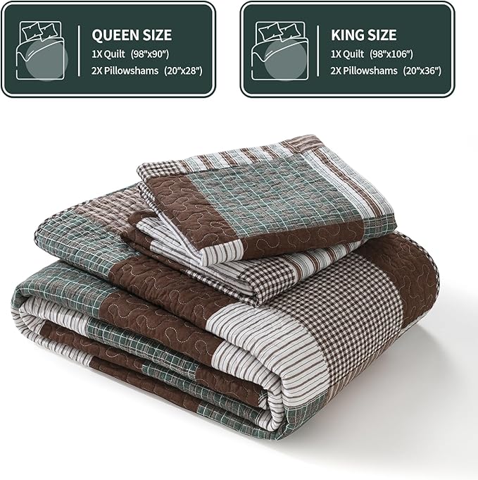 KALOOLA Plaid Queen Size Quilt Set, 100% Cotton Lightweight Quilted Bedspread with 2 Pillowshams for Queen Bed, Farmhouse Printed Bedding Set Coverlet for All Season, 3 Pieces, Brown/Green