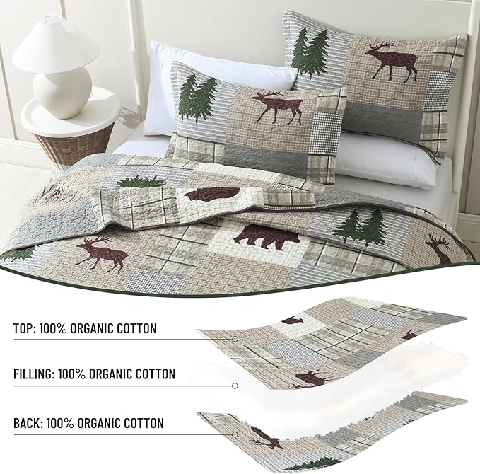 Quilt for King Bed - 100% Cotton Farmhouse Patchwork Plaid Cabin King Size Quilt Bedding Set, Brown Gray Green Animal Bear Deer Tree Lightweight Bedspread, 3-Piece for All Season (98"x106")