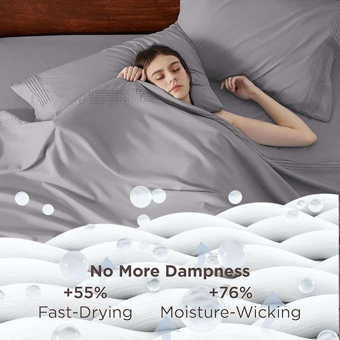 Bedsure Deep Pocket California King Sheet Sets - Fits Mattresses Up to 21 Inches Thick - 4 Piece Bed Sheets, Moisture Wicking, Soft & Cooling Bedsheet & Pillowcases, Easy & Secure Fit, Light Grey
