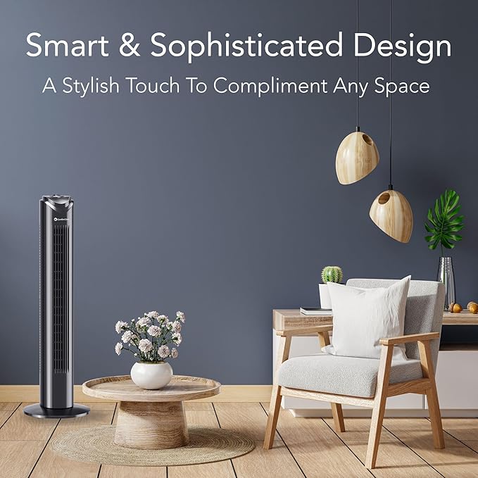 Comfort Zone Tower Fan for Bedroom, 32 inch, 3 Speeds, 90 Oscillation, Bladeless Indoor Fan, Built in Carry Handle, Portable Stand Fan, Black
