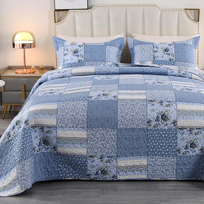 ENJOHOS Blue Floral Quilt Set Queen Size, 3 Pieces Plaid Flower Queen Bedspread for All Seasons, Patchwork Reversible Coverlet Lightweight Bedding for Queen Size Bed with 2 Pillow Shams