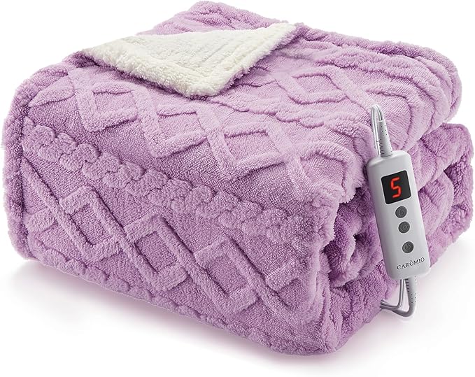 CAROMIO Heated Throw Blanket - Thick Tufted Sherpa Electric Blanket Throw with 10 Heating Levels and 10 Time Settings, ETL Certified Machine Washable Fast Heating Blanket Throw 50"×60", Purple