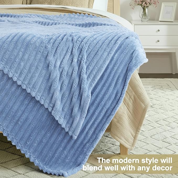 decorUhome Christmas Soft Fleece Blue Grey Blanket King Size for Bed, Cozy Fluffy Plush Flannel Large Striped Throws for Couch Sofa, Lightweight Decorative Fuzzy Blanket for Woman, 108x90 Inches