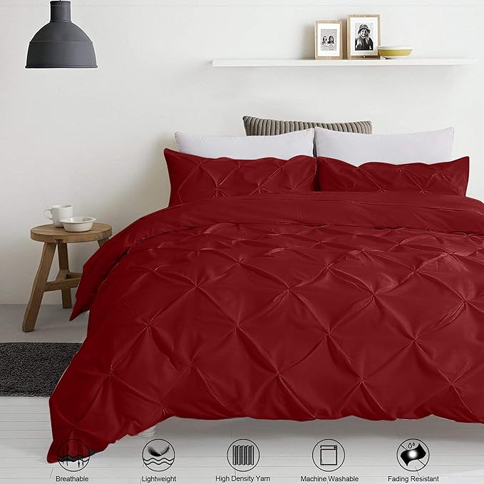 Pinch Pleated Duvet Cover Set 100% Cotton 3PC Alaska King Size 120x132 Duvet Cover Set, Decorative Pinch Design Burgundy Duvet Cover with Matching Pillow Case