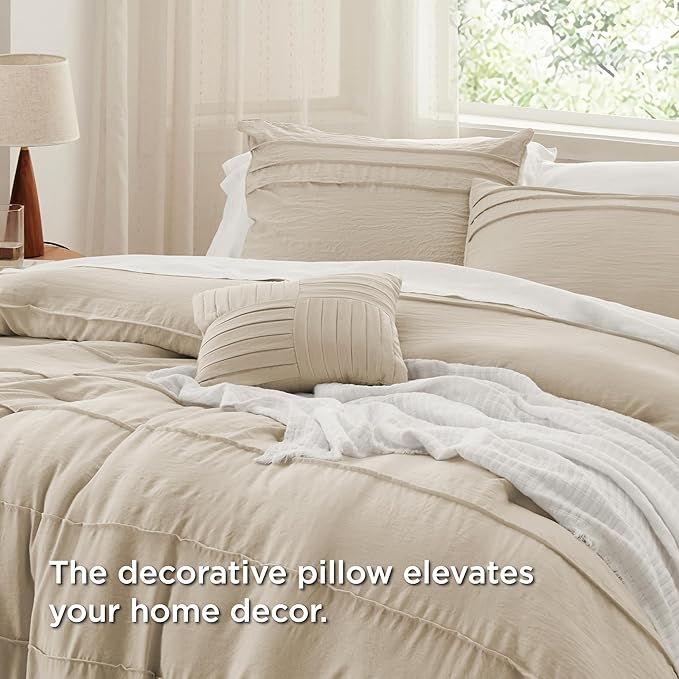 Bedsure California King Comforter Set - 4 Pieces Pinch Pleat Bed Set, Linen Boho Bedding for All Season, 1 Soft Comforter, 2 Pillowcases, 1 Decorative Pillow