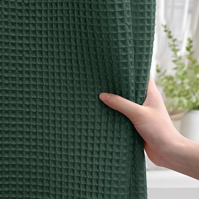 Extra Long Waffle Shower Curtain - Dark Green Cotton Texture Fabric Heavyweight Shower Curtain for Bathroom,72Wx90L