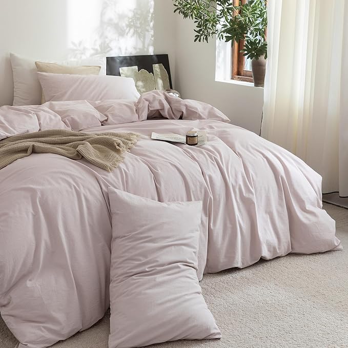 FOSSA Duvet Cover Set 100% Washed Cotton Linen Feel Super Soft Breathable Cozy 3 Pieces Bedding Sets Solid Greyish Pink Oversized King Plus