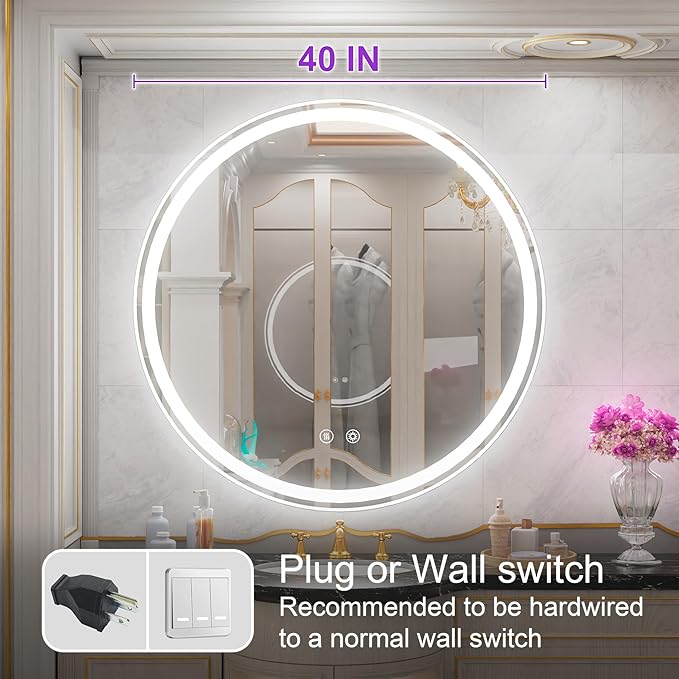 40-Inch Round LED Bathroom Mirror with Anti-Fog, Dimmable Front & Backlit Lights, 6000K Daylight, Frameless, 5mm HD Glass, Memory Function, Touch Control