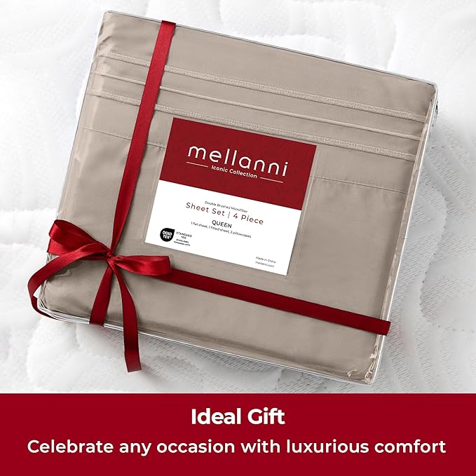 Mellanni Extra Deep California King Sheets - 4 PC Iconic Collection Bedding - Hotel Luxury, Ultra Soft, Cooling Bed Sheets - Wrinkle, Fade, Stain Resistant (Cal King, Tan)