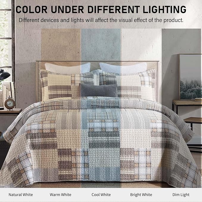 KALOOLA 100% Cotton Quilts Queen Size, Farmhouse Brown Plaid Queen Quilted Bedding Set 3 Pieces, Rustic Lightweight Bedspread Coverlet with 2 Pillowshams for All Season