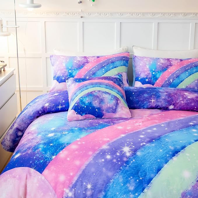 ANGIYUIN Tie Dye Blue Rainbow Comforter Set Queen Size 6 Pieces Gradient Glitter Girls Bed in A Bag Twinkle Nebula Comforter Bedding Set for All Season