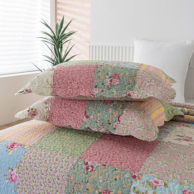 YAYIDAY Oversized Queen Quilt Set Patchwork Bedspread (110x118 Inch) - 100% Cotton Reversible Breathable Floral Quilted Coverlet with Pillow Shams Fit All Season