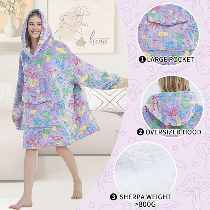 Glow in The Dark Mushroom Wearable Blanket Hoodie for Adult,Oversized Sherpa Fleece Blanket Hoodie for Women Men,Mushroom