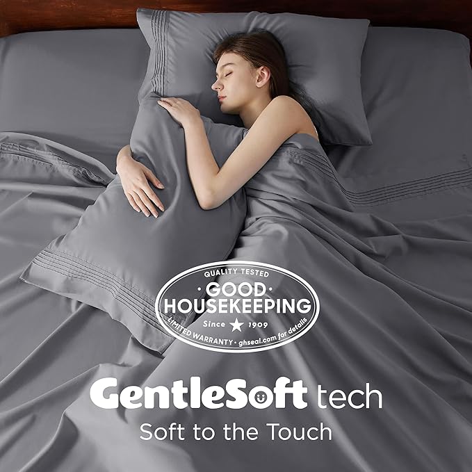 Bedsure Deep Pocket King Sheet Set - Fits Mattresses Up to 21 Inches Thick - 4 Piece GentleSoft Bed Sheets, Moisture Wicking, Soft & Cooling Bedsheet & Pillowcases, Easy & Secure Fit, Grey