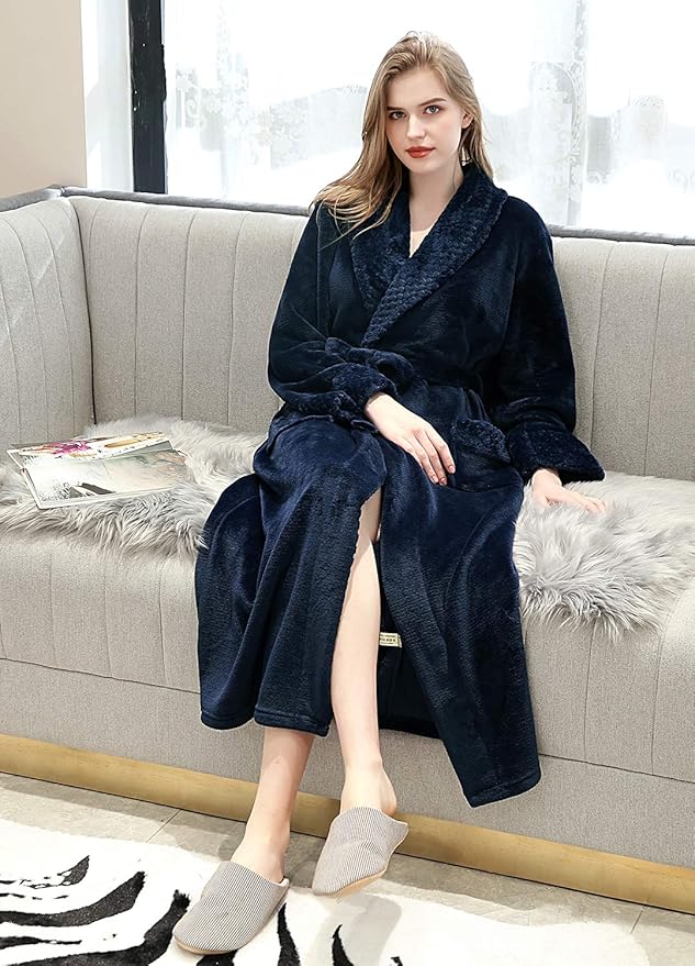 Artfasion Womens Long Fleece Robe - Warm Soft Floor Length Flannel Bathrobes for Winter Thicker Long House Coat with Pockets