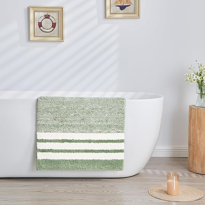 CozeCube Bath mats for Bathroom Non Slip, Fluffy Absorbent Microfiber Bath mat Washable, Aesthetic Bathroom Rugs, Cute Sage Green Striped Bath mat, Sage Green, 32" x 20"