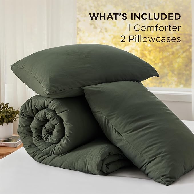 Bedsure Super King Size Comforter Set, Dark Green Soft Prewashed Bedding for All Seasons, 3 Pieces GentleSoft™ Bed Set, 1 Lightweight Comforter (120"x120") and 2 Pillowcases (20"x36")